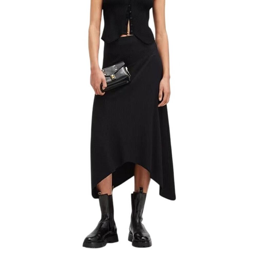 ALLSAINTS Women's Gia Ribbed Asymmetric Midi Skirt Size 10 In Black